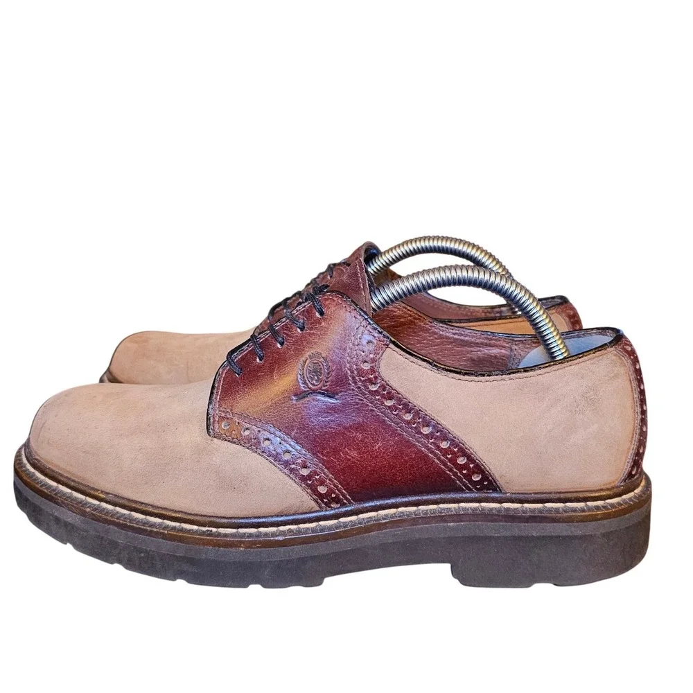 90s Vintage Tommy Hilfiger Men Saddle Shoe Tan Leather Suede Lace Up Size‎ 7.5 M